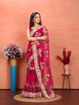 VAIRAGEE - Magenta Soft Floral Embroidery Saree with Unstitched Blouse (Set of 2)