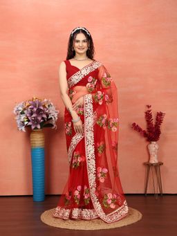 VAIRAGEE - Red Soft Floral Embroidery Saree with Unstitched Blouse (Set of 2)