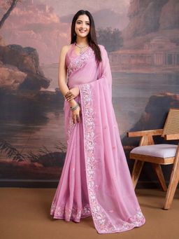 VAIRAGEE - Pink Organza Embroidery Saree with Unstitched Blouse (Set of 2)
