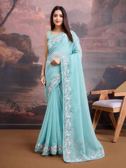 VAIRAGEE - Blue Organza Embroidery Saree with Unstitched Blouse (Set of 2)