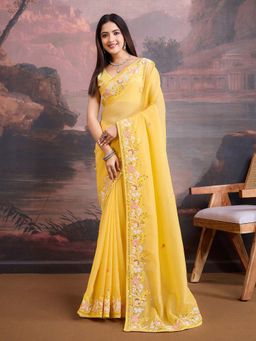 VAIRAGEE - Yellow Organza Embroidery Saree with Unstitched Blouse (Set of 2)