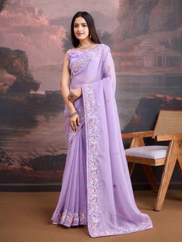 VAIRAGEE - Lavender Organza Embroidery Saree with Unstitched Blouse (Set of 2)