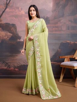 VAIRAGEE - Green Organza Embroidery Saree with Unstitched Blouse (Set of 2)