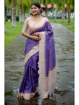 Mysilklove - Cyber Grape Purple Printed Raw Silk Saree with Unstitched Blouse (Set of 2)