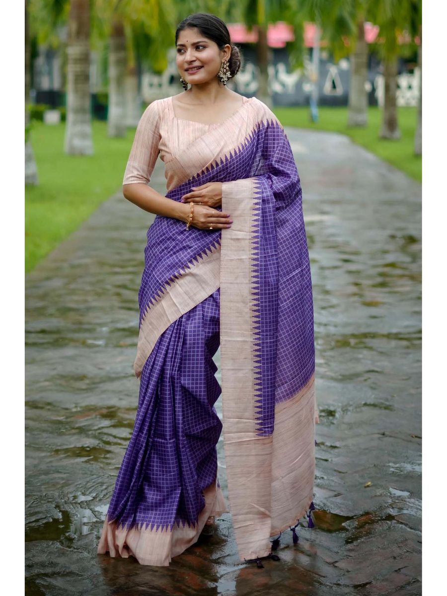 Cyber Grape Purple Printed Raw Silk Saree with Unstitched Blouse