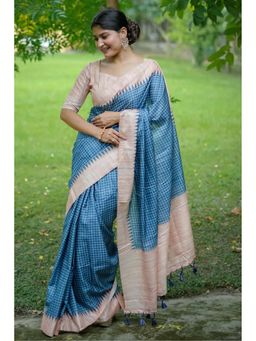 Mysilklove - Calypso Blue Printed Raw Silk Saree with Unstitched Blouse (Set of 2)