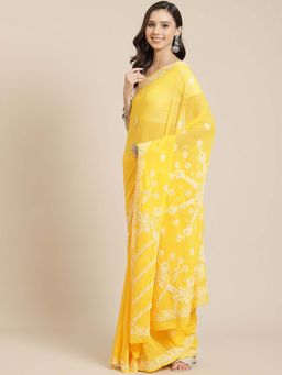 ADA - Yellow Floral Hand Embroidered Chikankari Saree with Unstitched Blouse (Set of 2)
