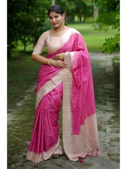 Mysilklove - French Pink Printed Raw Silk Saree with Unstitched Blouse (Set of 2)