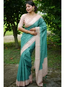 Mysilklove - Breaker Bay Teal Printed Raw Silk Saree with Unstitched Blouse (Set of 2)