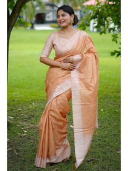 Mysilklove - Tumbleweed Orange Printed Raw Silk Saree with Unstitched Blouse (Set of 2)