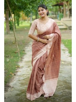 Mysilklove - Cookie Brown Printed Raw Silk Saree with Unstitched Blouse (Set of 2)