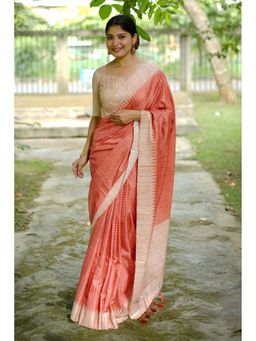 Mysilklove - Shimmering Blush Peach Printed Raw Silk Saree with Unstitched Blouse (Set of 2)