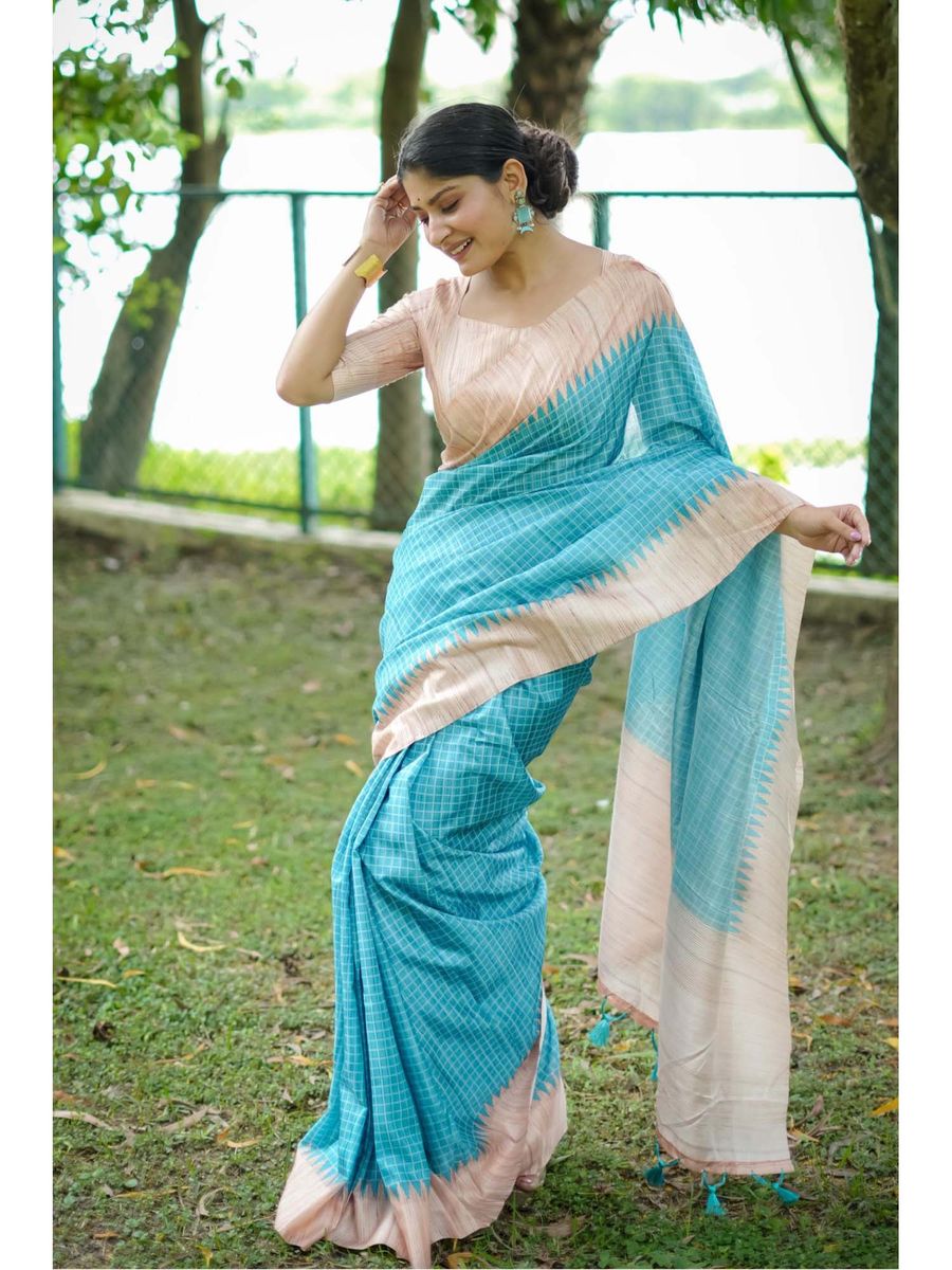 Sky Blue Printed Raw Silk Saree with Unstitched Blouse