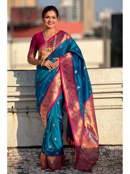 Mysilklove - Metallic Seaweed Blue Woven Lotus Paithani Saree with Unstitched Blouse (Set of 2)