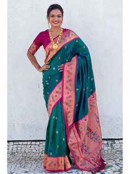 Mysilklove - Green Woven Lotus Paithani Saree with Unstitched Blouse (Set of 2)