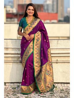 Mysilklove - Midnight Pearl Purple Lotus Paithani Saree with Unstitched Blouse (Set of 2)