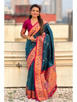 Mysilklove - Teal Woven Lotus Paithani Saree with Unstitched Blouse (Set of 2)