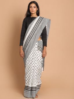 Indethnic - White Floral Cotton Blend Saree with Unstitched Blouse