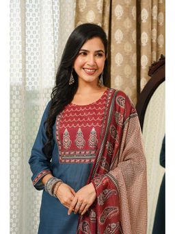 Vaamsi - Blue Ajrakh Printed Straight Kurta with Pant and Dupatta