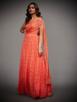 RI.Ritu Kumar - Coral Long Gown With Attached Draped Pallu