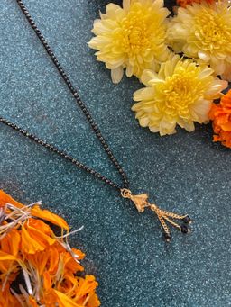 Digital Dress Room - Short Mangalsutra Flower Design Latkan Pendant Gold Black Beads Chain (20 Inches)