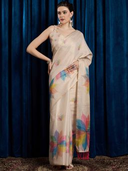 Akhilam - Women's Georgette Fabric Beige Printed Saree with Unstitched Blouse