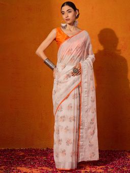 Akhilam - Women's Georgette Fabric White Printed Saree with Unstitched Blouse