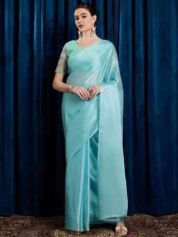 Akhilam - Women's Georgette Fabric Blue Solid Saree with Unstitched Blouse