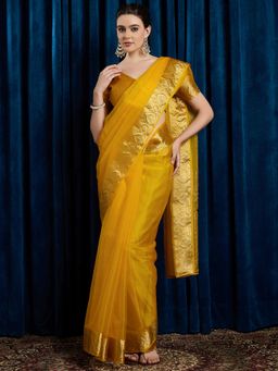 Akhilam - Women's Georgette Fabric Mustard Solid Saree with Unstitched Blouse