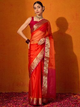 Akhilam - Women's Georgette Fabric Orange Solid Saree with Unstitched Blouse