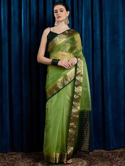 Akhilam - Women's Georgette Fabric Green Solid Saree with Unstitched Blouse
