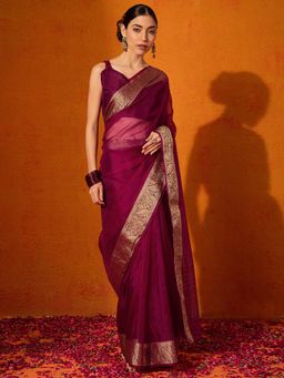 Akhilam - Women's Georgette Fabric Magenta Solid Saree with Unstitched Blouse