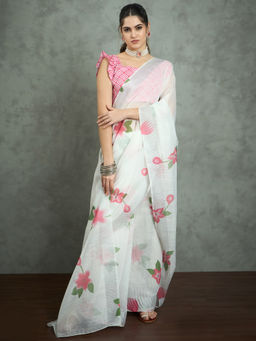 Akhilam - Women's Georgette Fabric White Printed Saree with Unstitched Blouse