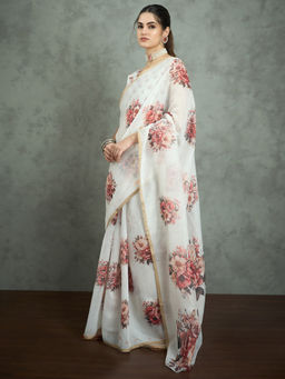 Akhilam - Women's Georgette Fabric White Printed Saree with Unstitched Blouse