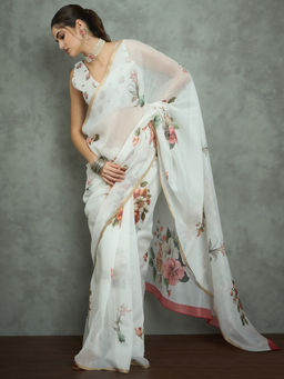 Akhilam - Women's Georgette Fabric White Printed Saree with Unstitched Blouse