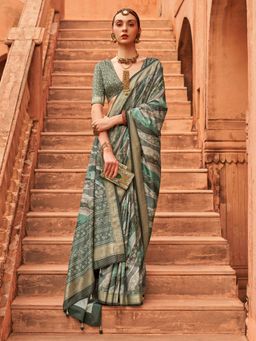 Akhilam - Women's Georgette Fabric Green Woven Saree with Unstitched Blouse