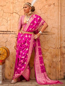 Akhilam - Women's Georgette Fabric Pink Woven Saree with Unstitched Blouse