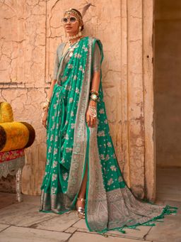 Akhilam - Women's Georgette Fabric Turquoise Woven Saree with Unstitched Blouse