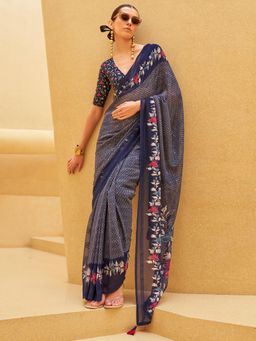 Akhilam - Women's Georgette Fabric Navy Blue Printed Saree with Unstitched Blouse
