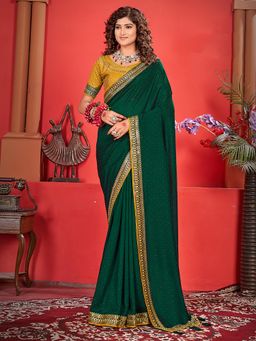 Akhilam - Women's Georgette Fabric Green Embroidered Saree with Unstitched Blouse