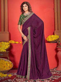 Akhilam - Women's Georgette Fabric Purple Embroidered Saree with Unstitched Blouse