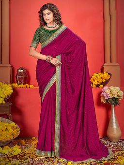 Akhilam - Women's Georgette Fabric Pink Embroidered Saree with Unstitched Blouse