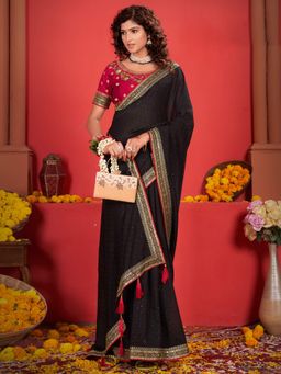 Akhilam - Women's Georgette Fabric Black Embroidered Saree with Unstitched Blouse