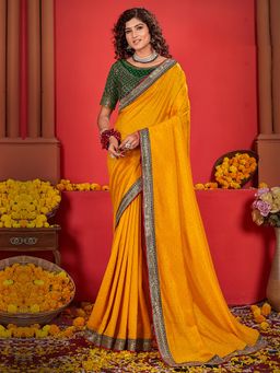 Akhilam - Women's Georgette Fabric Yellow Embroidered Saree with Unstitched Blouse