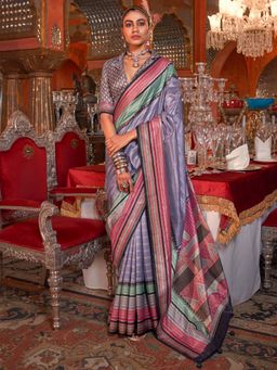 Akhilam - Women's Georgette Fabric Lavender Woven Saree with Unstitched Blouse