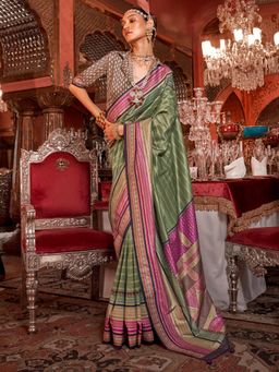 Akhilam - Women's Georgette Fabric Green Woven Saree with Unstitched Blouse