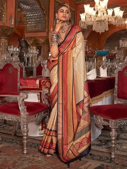 Akhilam - Women's Georgette Fabric Beige Woven Saree with Unstitched Blouse