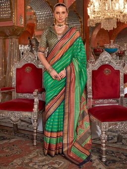 Akhilam - Women's Georgette Fabric Green Woven Saree with Unstitched Blouse