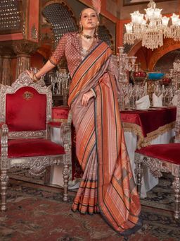 Akhilam - Women's Georgette Fabric Brown Woven Saree with Unstitched Blouse