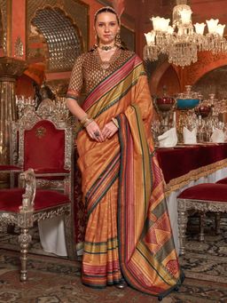 Akhilam - Women's Georgette Fabric Orange Woven Saree with Unstitched Blouse